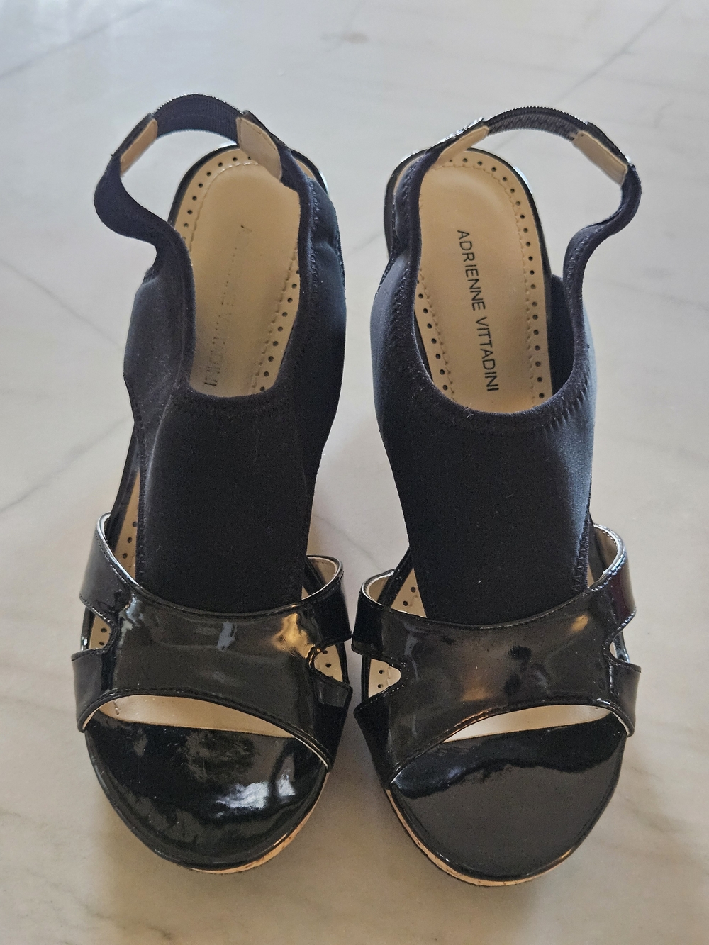 Adrienne Vittadini Coralee Black Patent Fabric Cork Wedge Sandals Open Toe